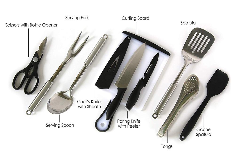 Juego de 9 organizadores de utensilios de cocina para campamento | Utensilios de cocina de acero inoxidable