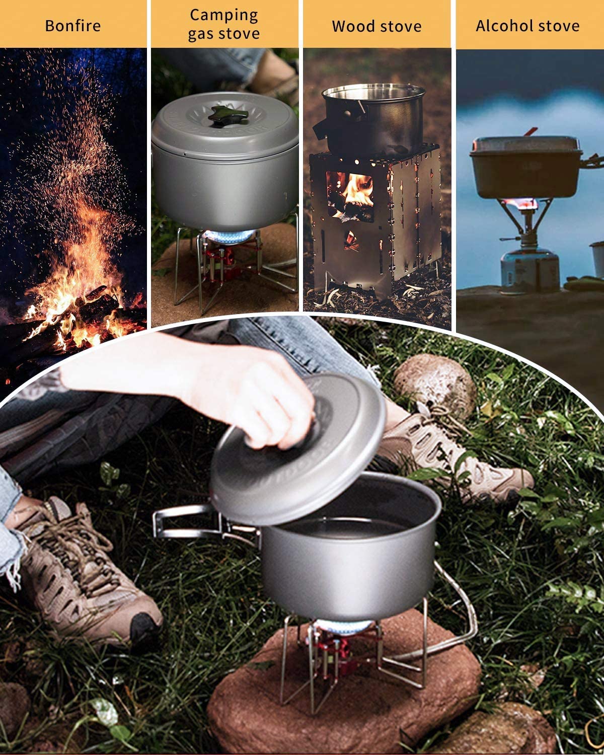 Juego de utensilios de cocina para acampar al aire libre, 4 piezas, 2 ollas, 1 sartén, 1 tetera