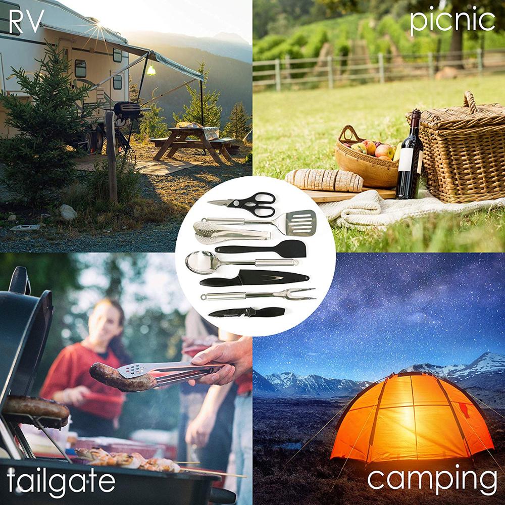 Juego de 9 organizadores de utensilios de cocina para campamento | Utensilios de cocina de acero inoxidable