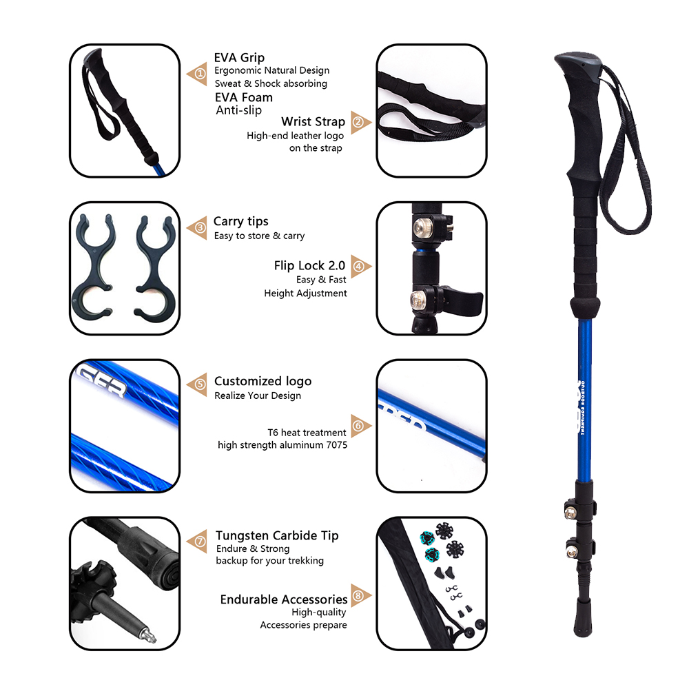 Bastón de trekking para escalada y caminata de 3 secciones