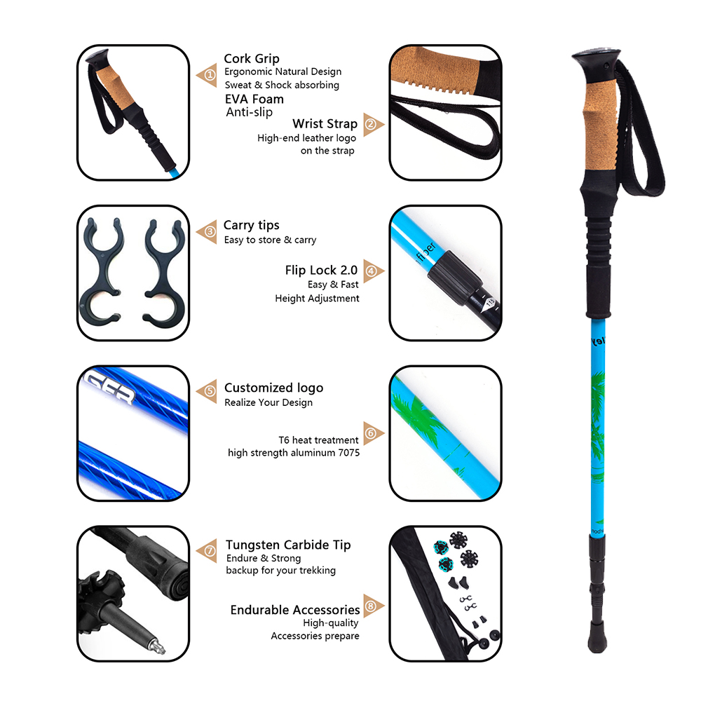 Bastones de trekking para acampar telescópicos de aluminio 3 de 7075 secciones