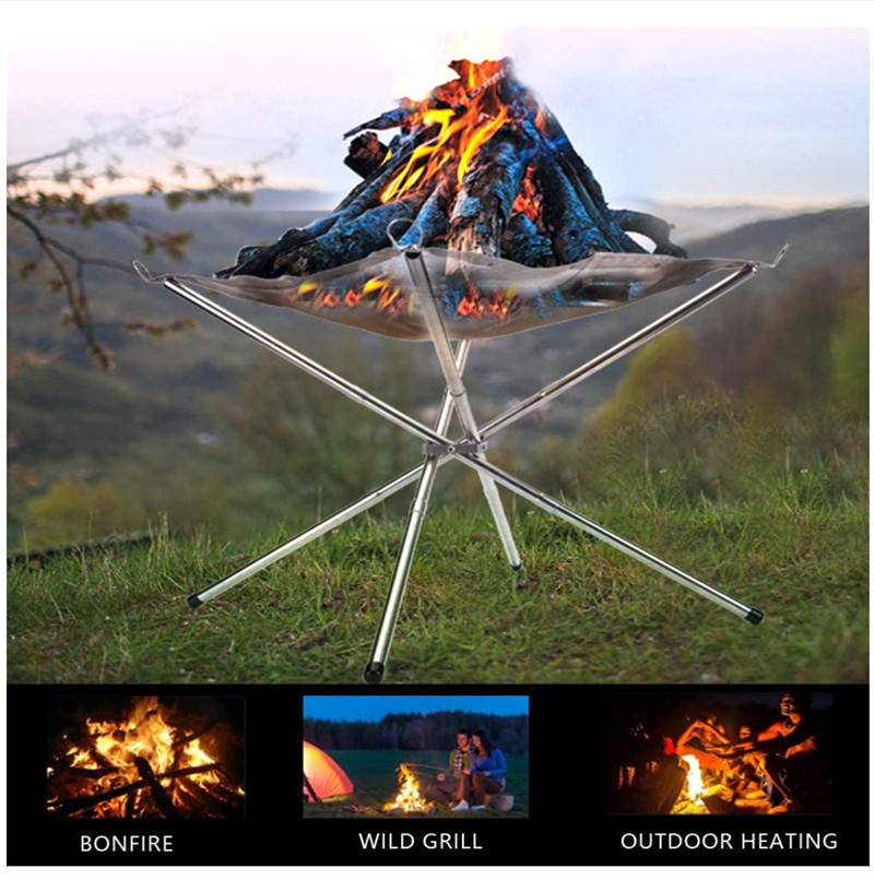 Fogón de malla plegable sencillo para exteriores, rejilla para fogatas de acero inoxidable