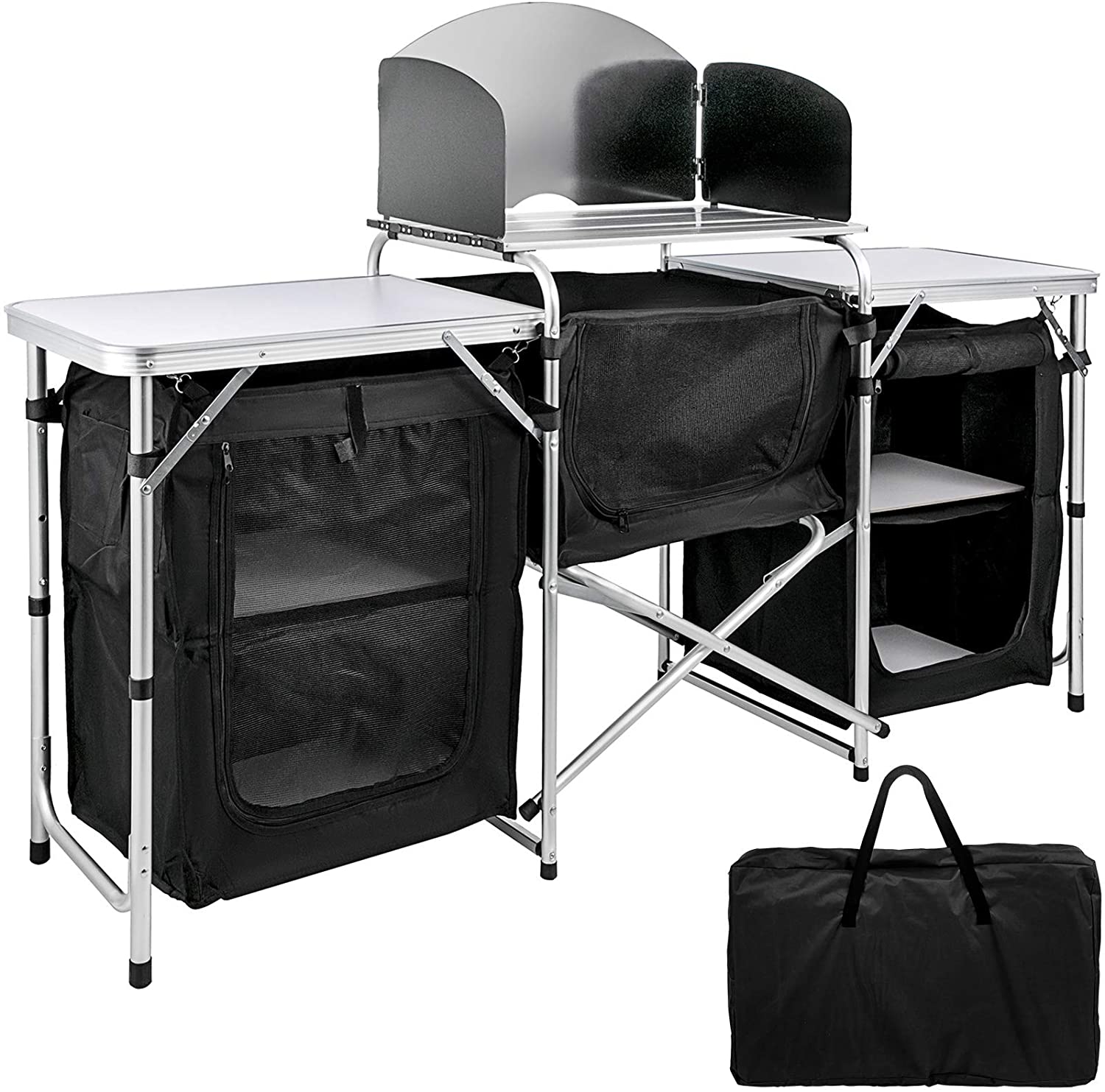 Mesa de cocina portátil para picnics y barbacoa de campamento con armario de almacenamiento