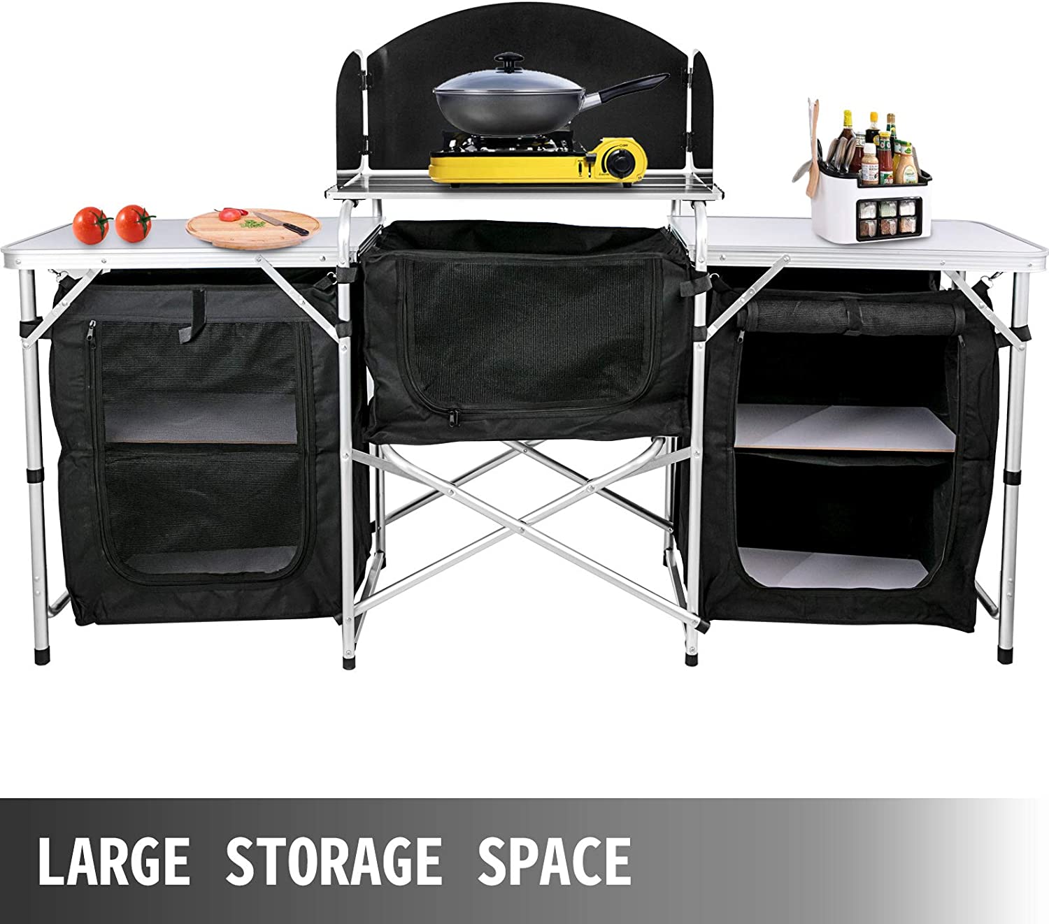 Mesa de cocina portátil para picnics y barbacoa de campamento con armario de almacenamiento