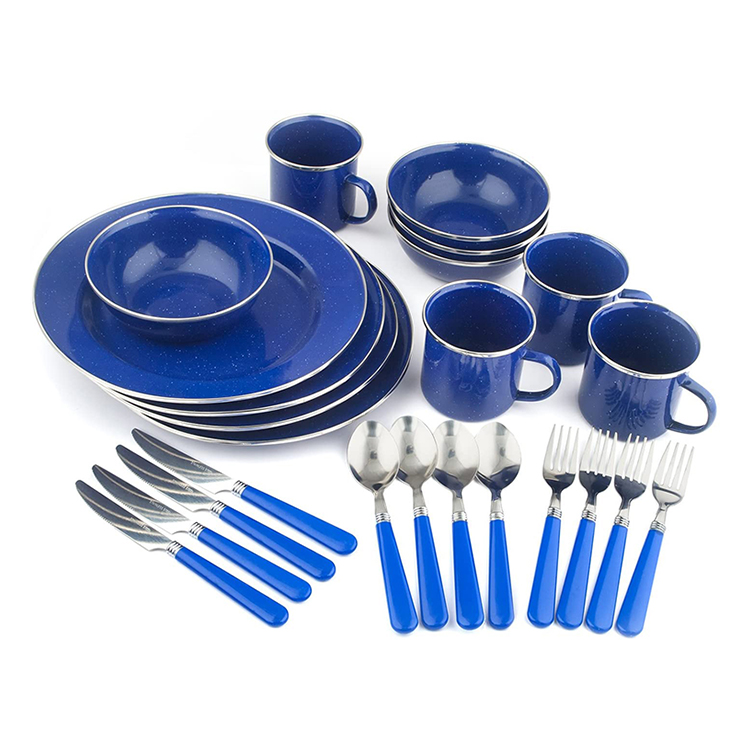 Juego de vajilla esmaltada para acampar de 24 piezas: platos, cuencos, tazas y utensilios