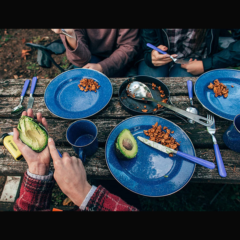 Juego de vajilla esmaltada para acampar de 24 piezas: platos, cuencos, tazas y utensilios