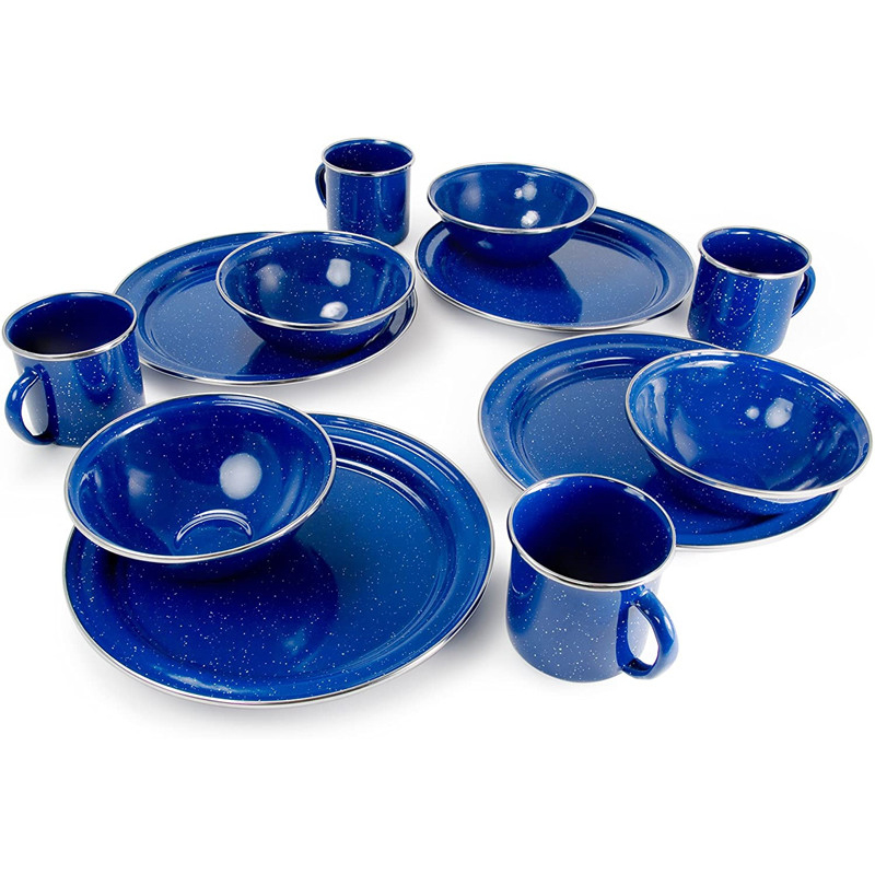 Juego de vajilla esmaltada para acampar de 24 piezas: platos, cuencos, tazas y utensilios