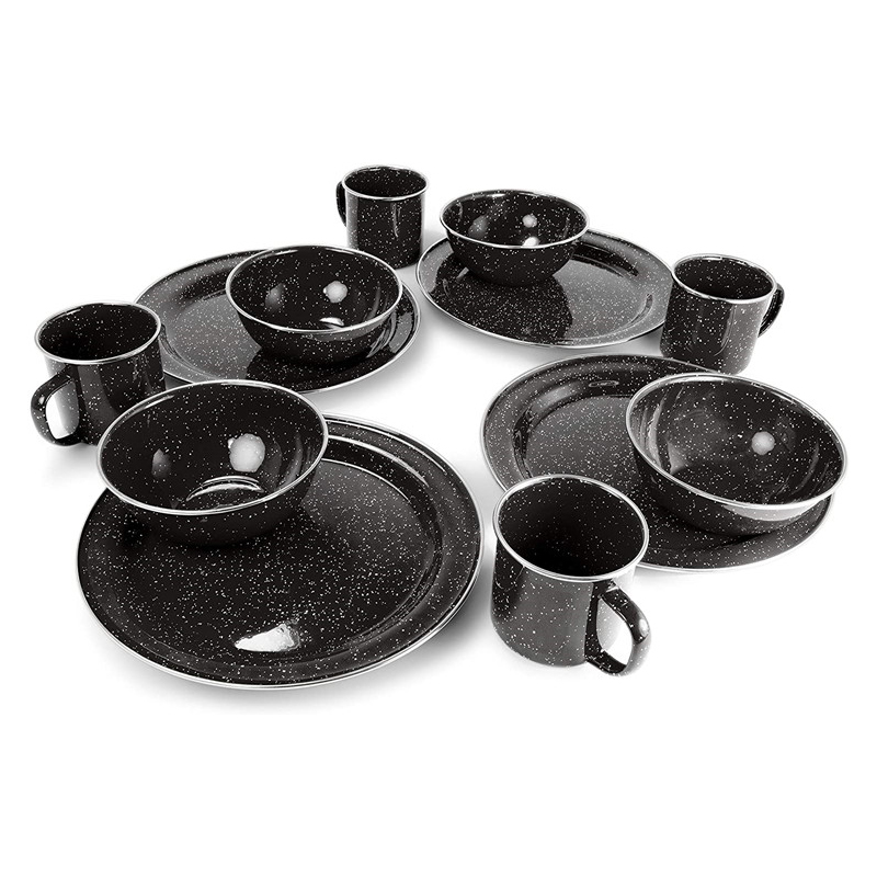 Juego de vajilla esmaltada para acampar de 24 piezas: platos, cuencos, tazas y utensilios