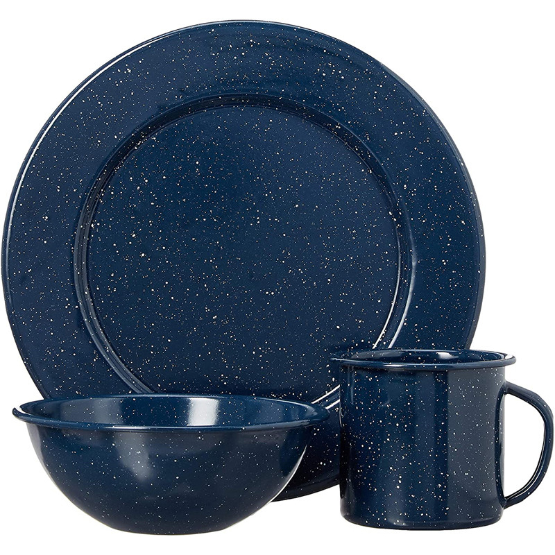 Juego de vajilla esmaltada para acampar de 24 piezas: platos, cuencos, tazas y utensilios