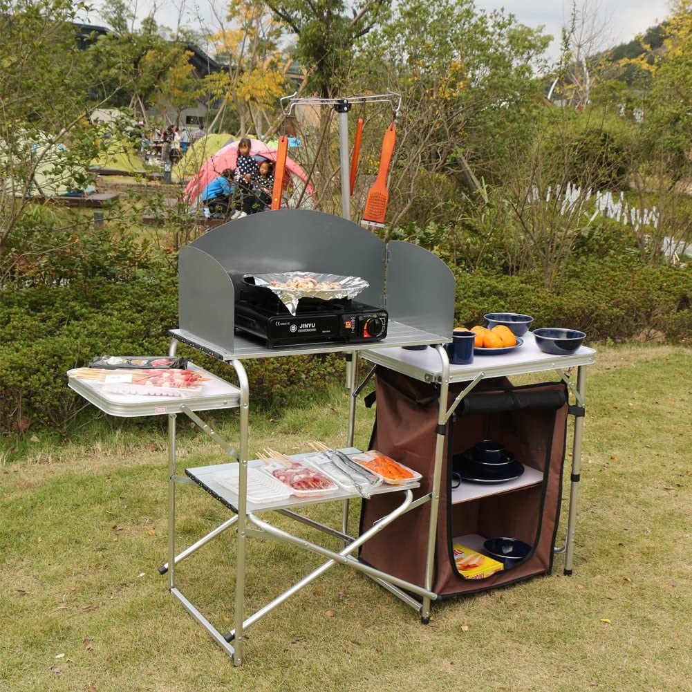 Mesa de cocina para acampar al aire libre con organizador de almacenamiento