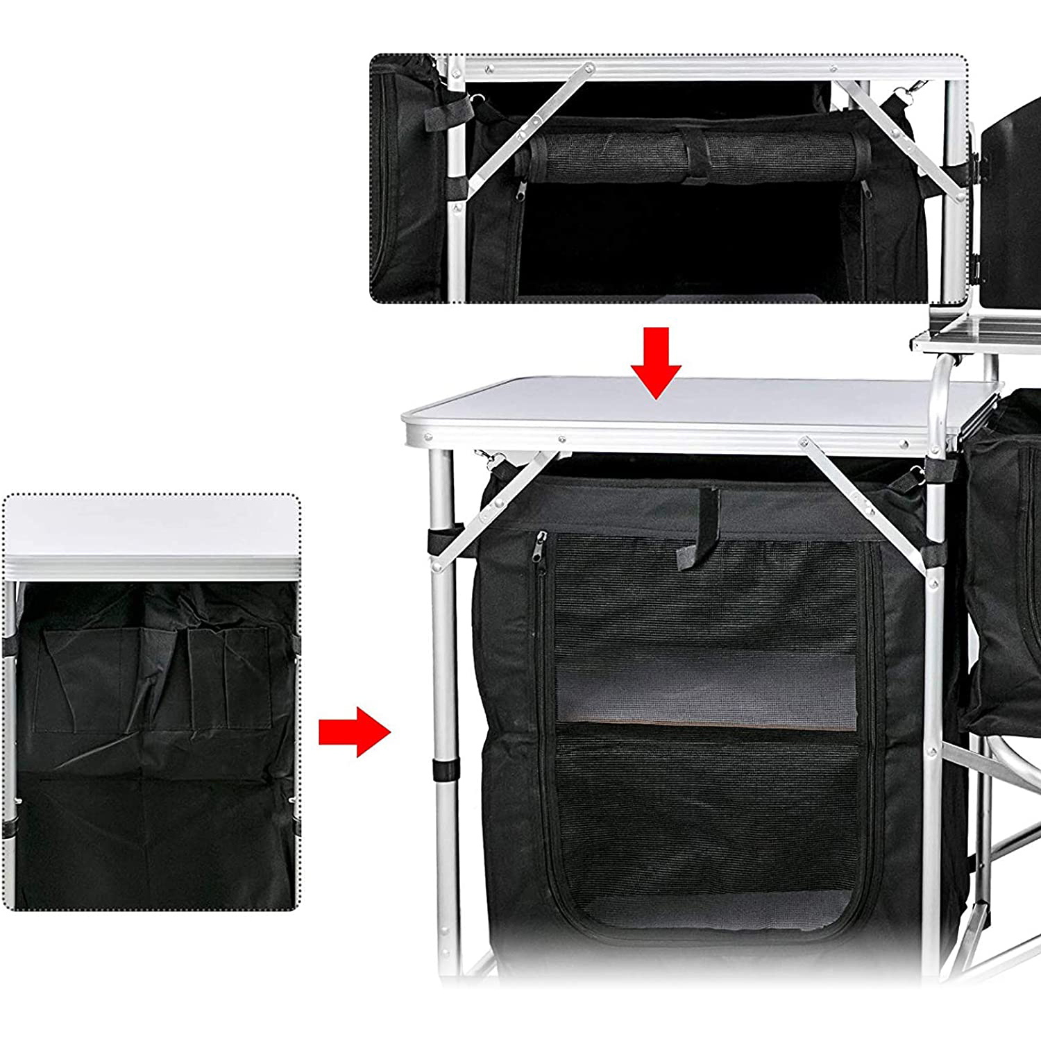 Mesa de cocina portátil para picnics y barbacoa de campamento con armario de almacenamiento