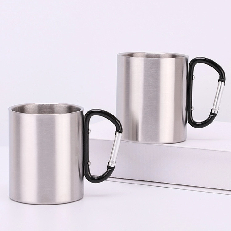 Vasos de agua para acampar de pared doble de 200/300 ml, tazas de café con asa de mosquetón