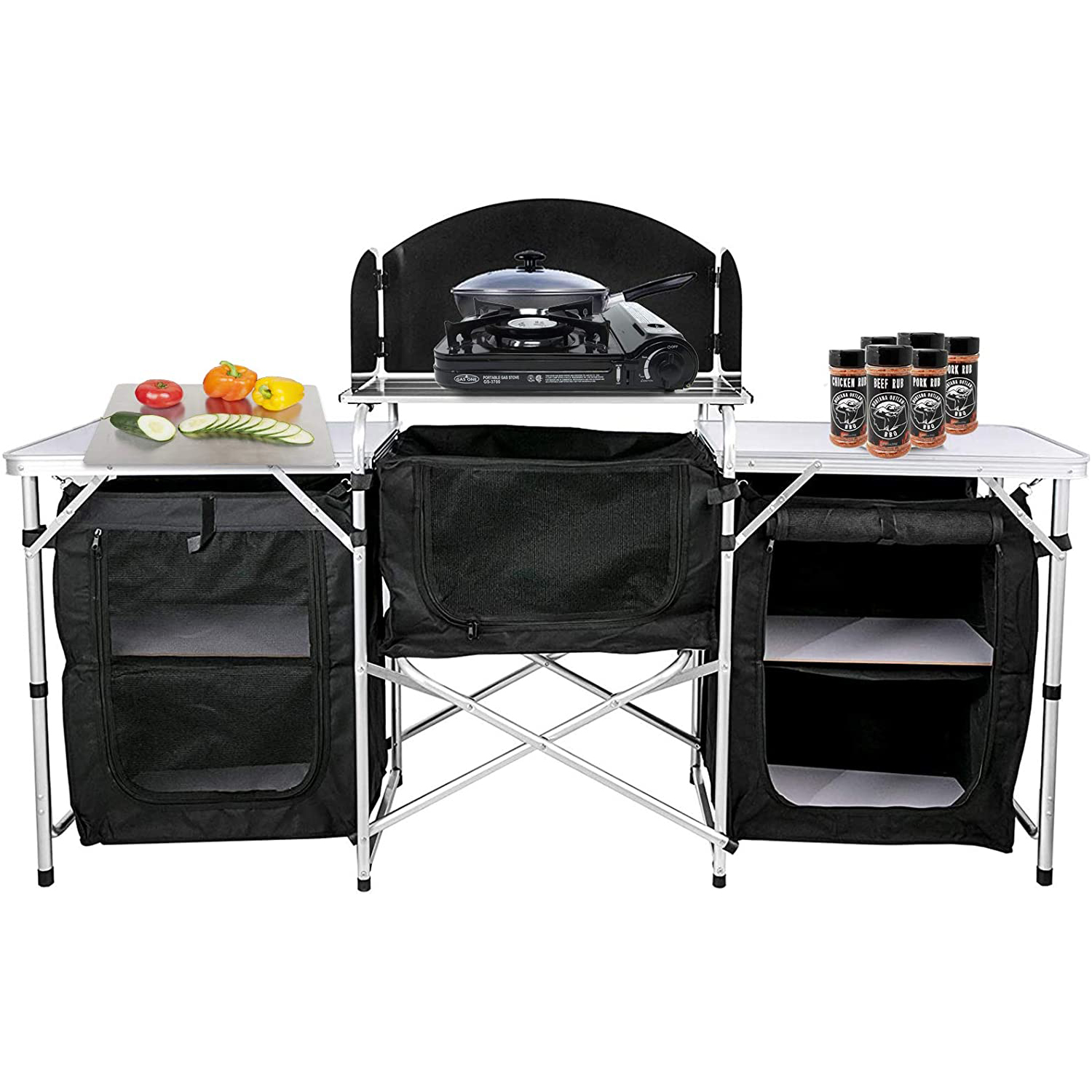 Mesa de cocina portátil para picnics y barbacoa de campamento con armario de almacenamiento