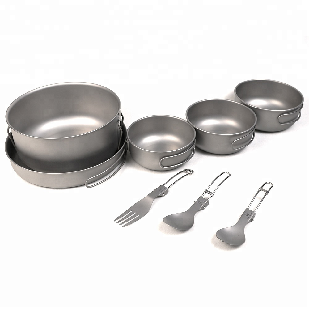 Juego de utensilios de cocina de titanio para acampar con ollas, sartenes y cuencos