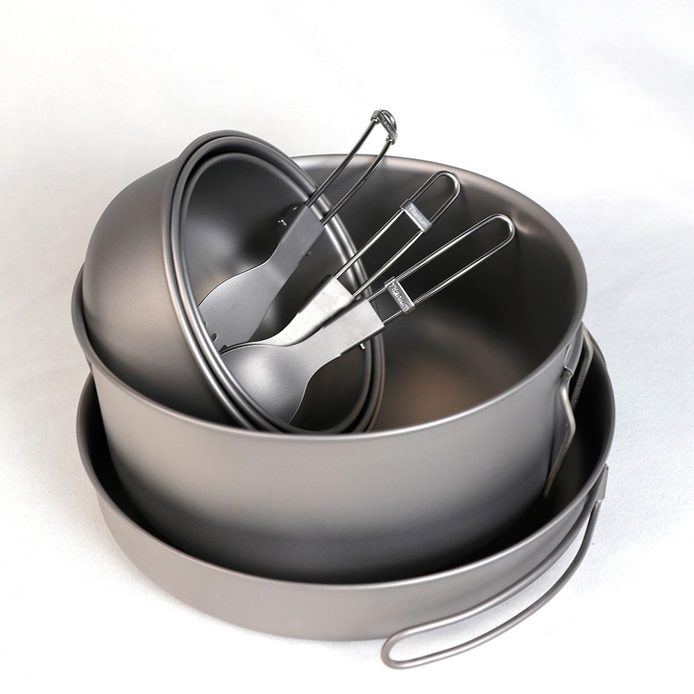 Juego de utensilios de cocina de titanio para acampar con ollas, sartenes y cuencos