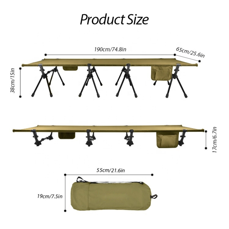 Cama plegable ultraligera para acampar al aire libre con bolsillo lateral