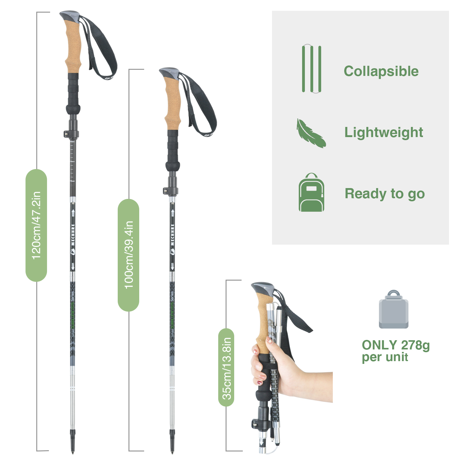 Bastones de trekking plegables con mango de madera
