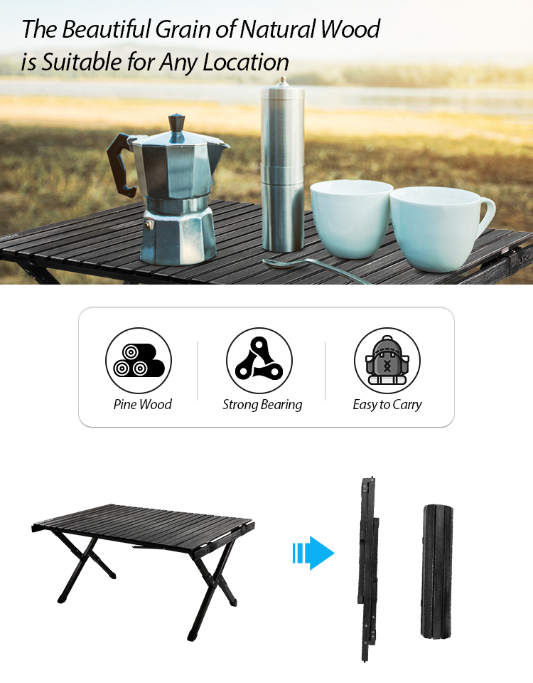 Mesa de camping de madera maciza negra para exteriores, mesa plegable tipo rollito de huevo con logotipo personalizado