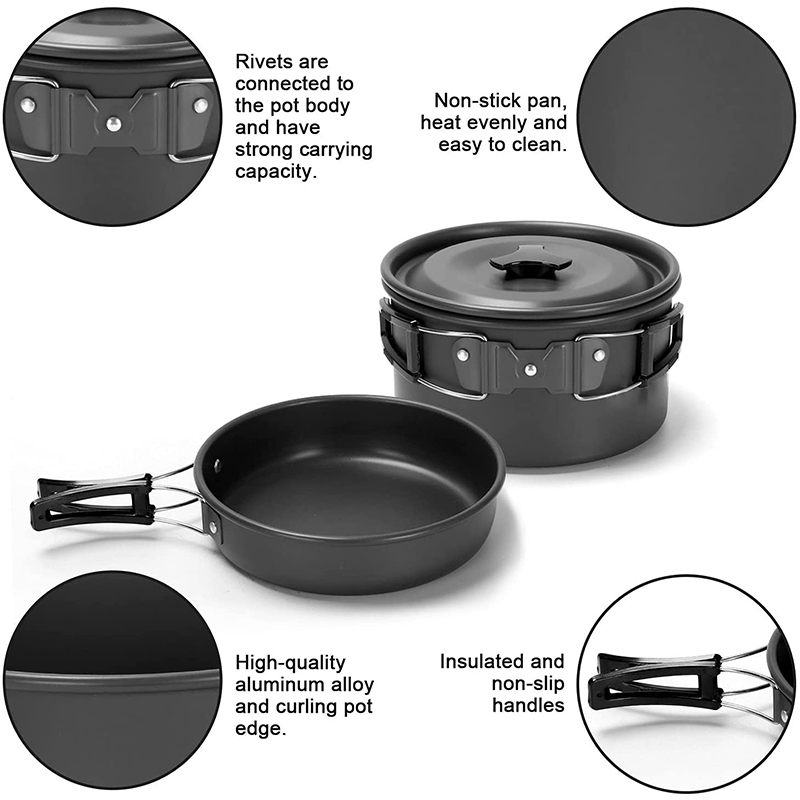 Juego de olla y sartén antiadherente de aluminio para acampar, color negro