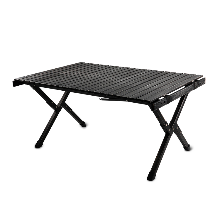Mesa de camping de madera maciza negra para exteriores, mesa plegable tipo rollito de huevo con logotipo personalizado