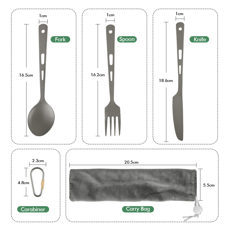Juego de vajilla para acampar de titanio ultraligero: cuchara, tenedor y cuchillo