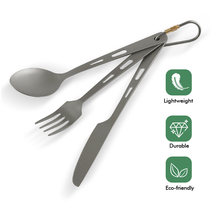 Juego de vajilla para acampar de titanio ultraligero: cuchara, tenedor y cuchillo