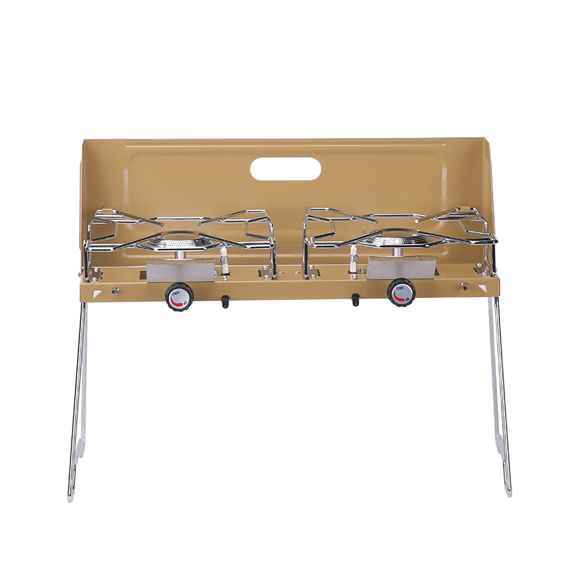 Estufa de gas para acampar con soporte plegable de 2 quemadores y parabrisas