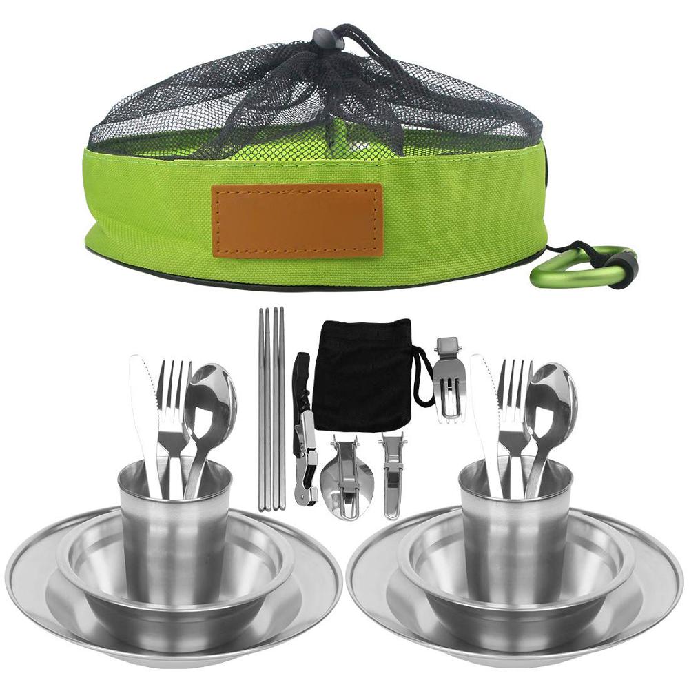 Juego de vajilla para acampar de acero inoxidable de 23 piezas