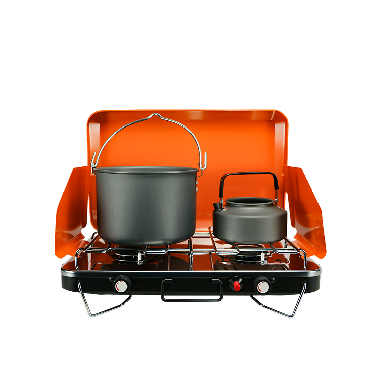 Estufa de gas plegable para acampar al aire libre de 2 quemadores con pantalla
