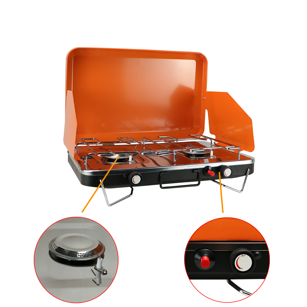Estufa de gas plegable para acampar al aire libre de 2 quemadores con pantalla