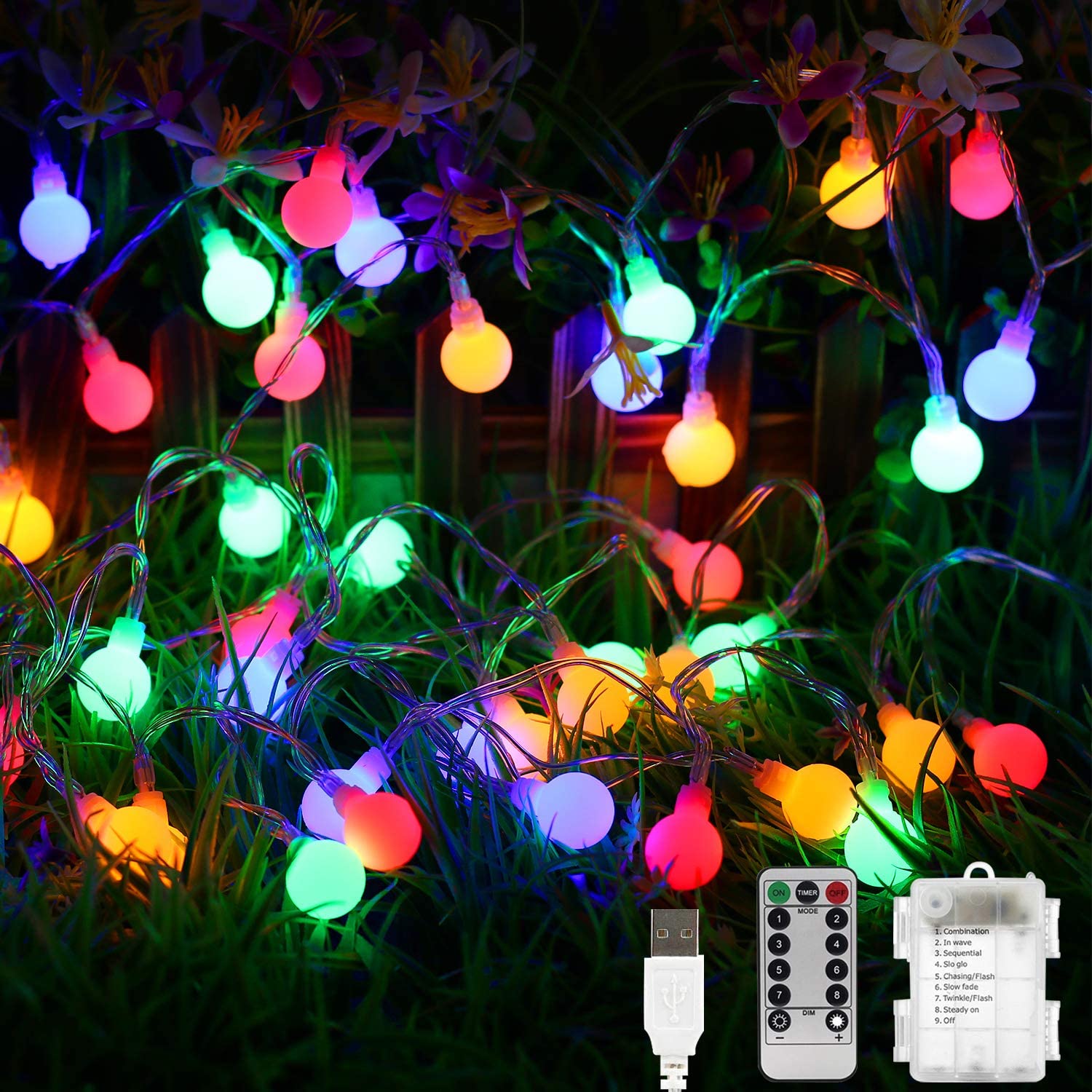 Cadena de luces LED para acampar con USB y bombillas redondas