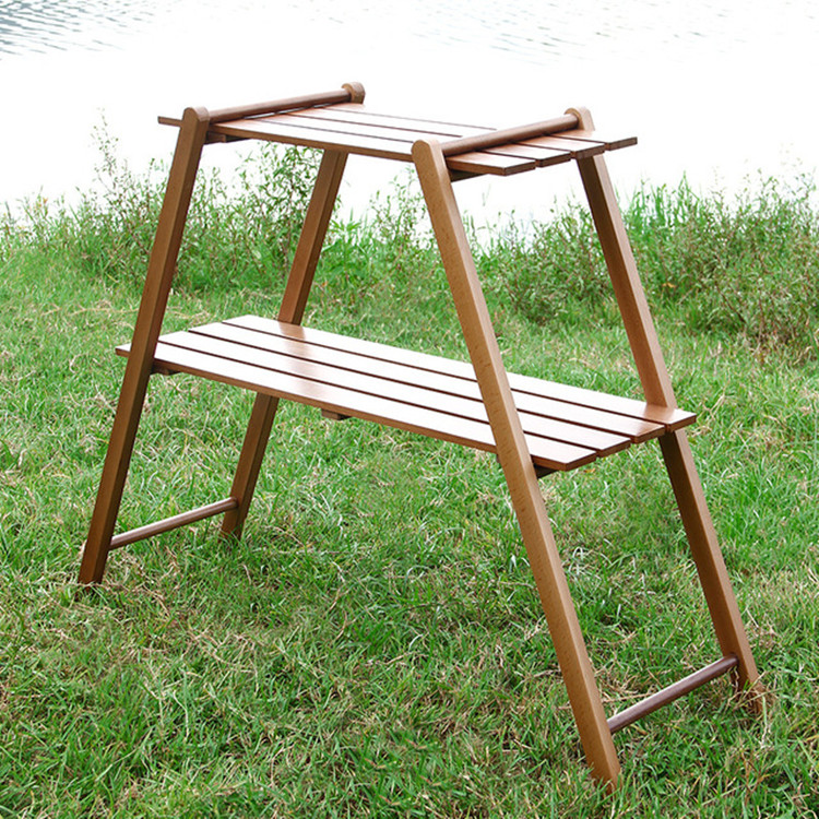 Estantes de almacenamiento de madera para acampar de 2 niveles: organizador de utensilios de cocina plegable