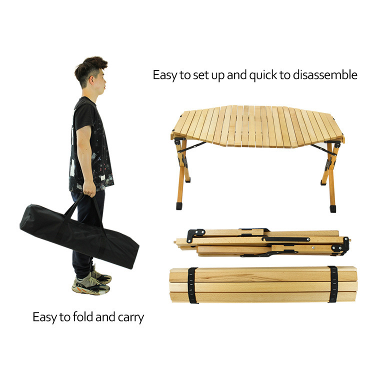 Mesa de madera de haya con tapa de rollo de huevo para mesa de picnic de camping