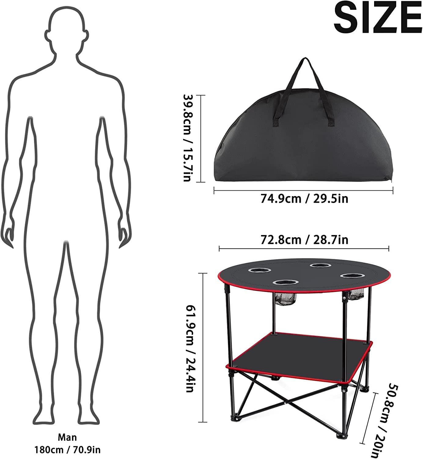 Mesa auxiliar de lona plegable portátil para acampar con 4 portavasos y marco de aluminio