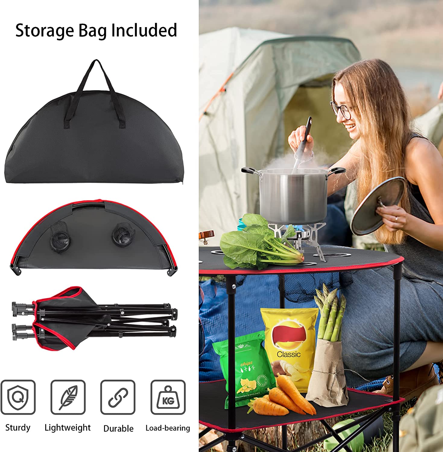 Mesa auxiliar de lona plegable portátil para acampar con 4 portavasos y marco de aluminio