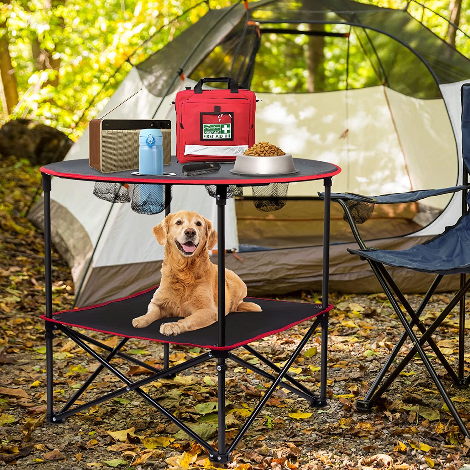 Mesa auxiliar de lona plegable portátil para acampar con 4 portavasos y marco de aluminio