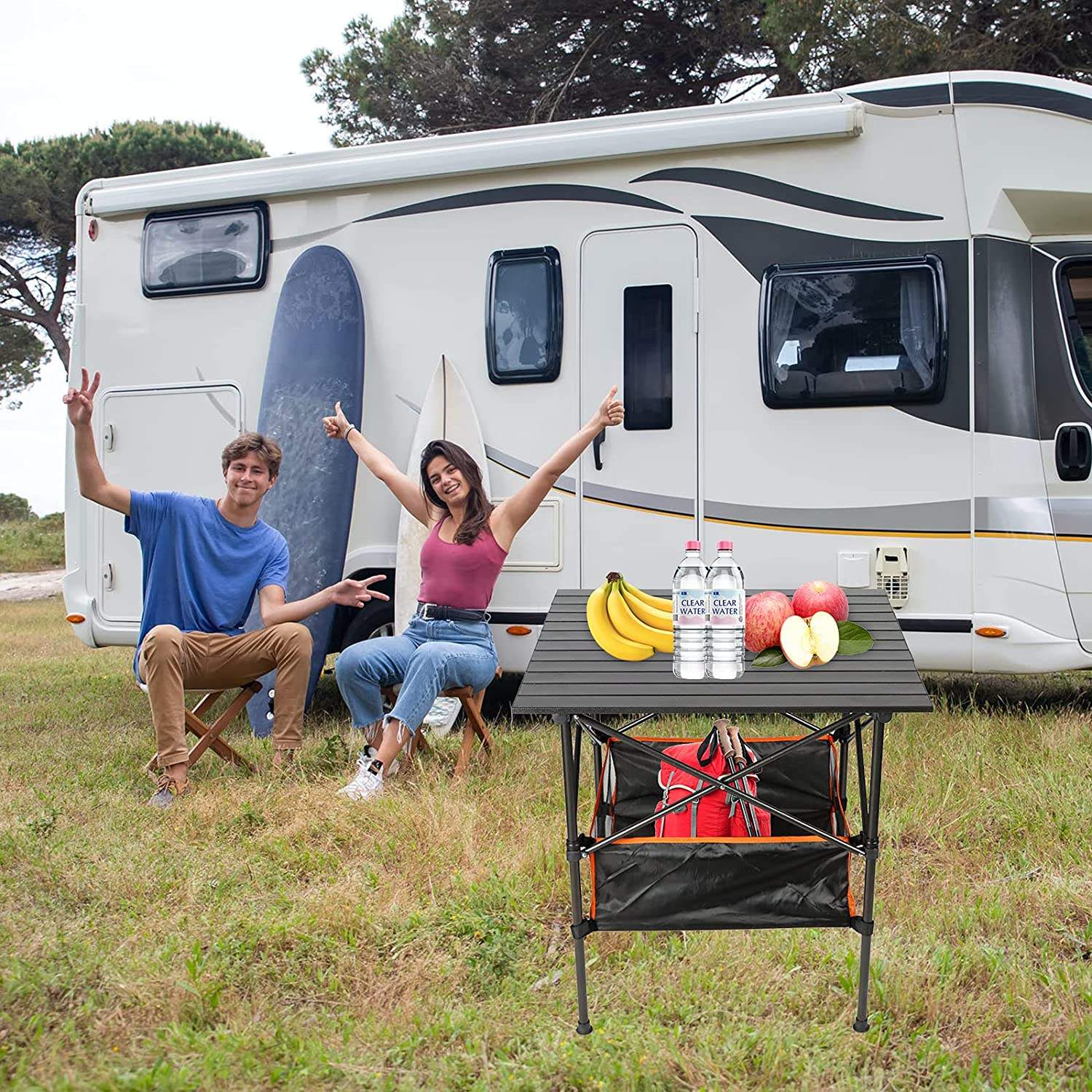 Mesa de camping plegable portátil de aluminio con bolsa de red