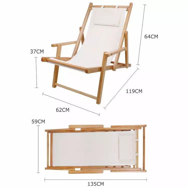 Silla reclinable de madera ajustable de 3 velocidades para playa, camping y jardín