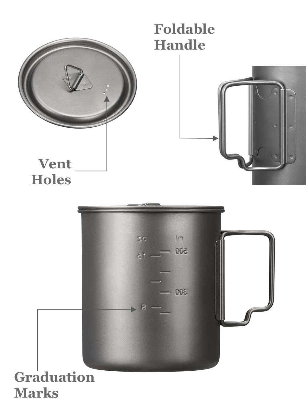 Tazas de titanio para acampar de 550 ml con tapa y asa plegable