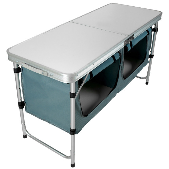 Mesa de cocina plegable portátil para campamento con organizador de almacenamiento y patas de altura ajustable