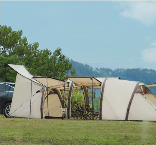 Tienda de campaña tipo túnel para exteriores con toldo lateral para acampar de gran capacidad