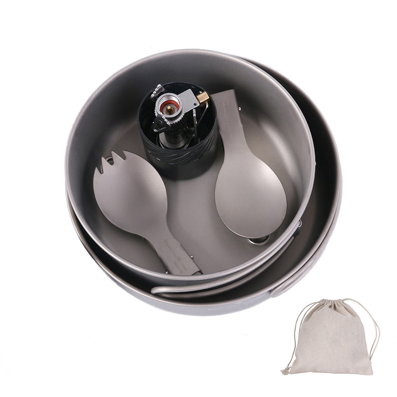 Juego de vajilla plegable de titanio: olla, sartén, cuchara y hornilla a gas