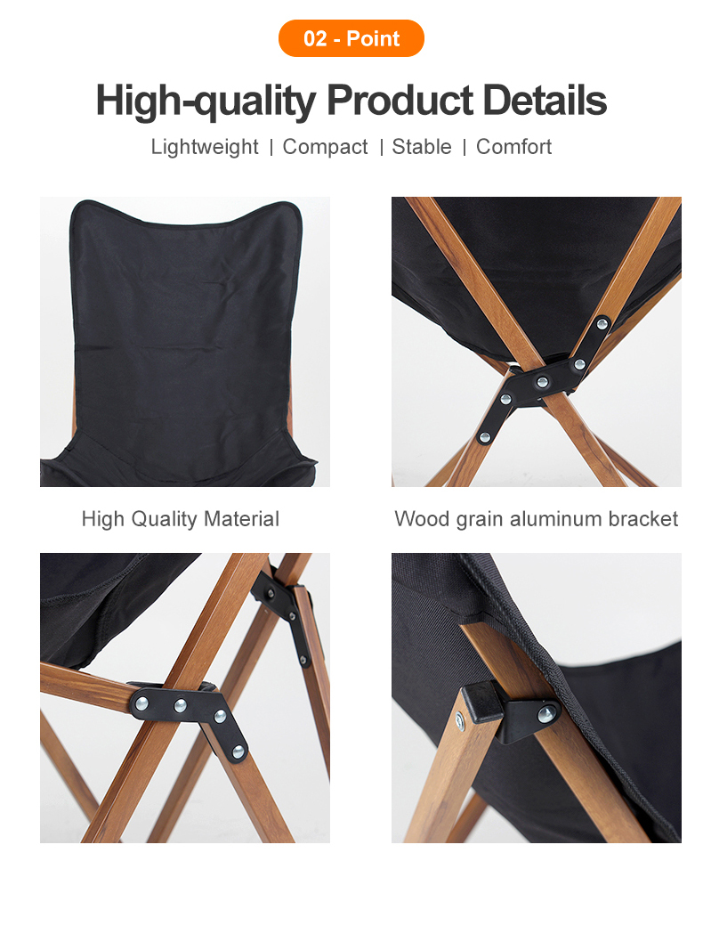 Silla plegable tipo mariposa de aluminio con veta de madera para acampar, hacer senderismo, fiestas en el jardín y pescar