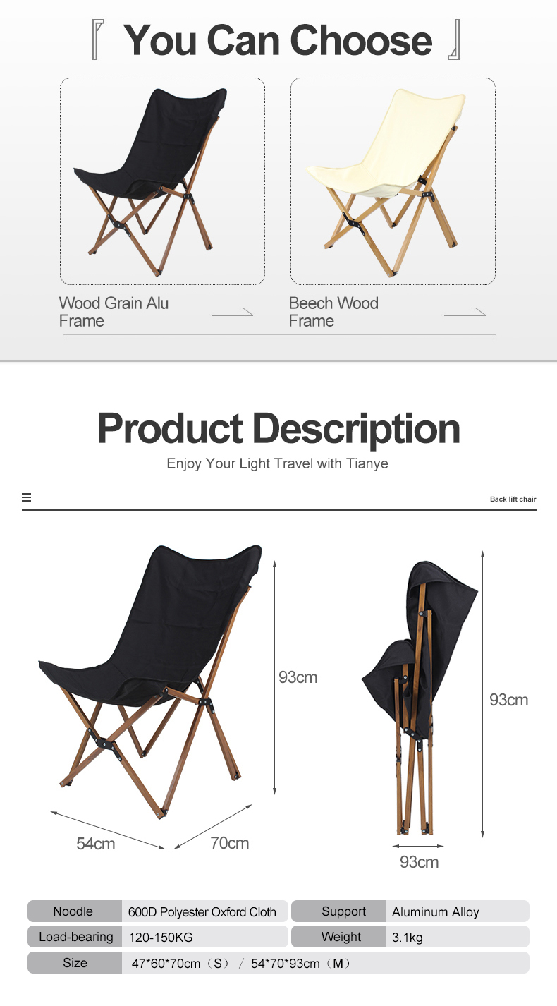 Silla plegable tipo mariposa de aluminio con veta de madera para acampar, hacer senderismo, fiestas en el jardín y pescar