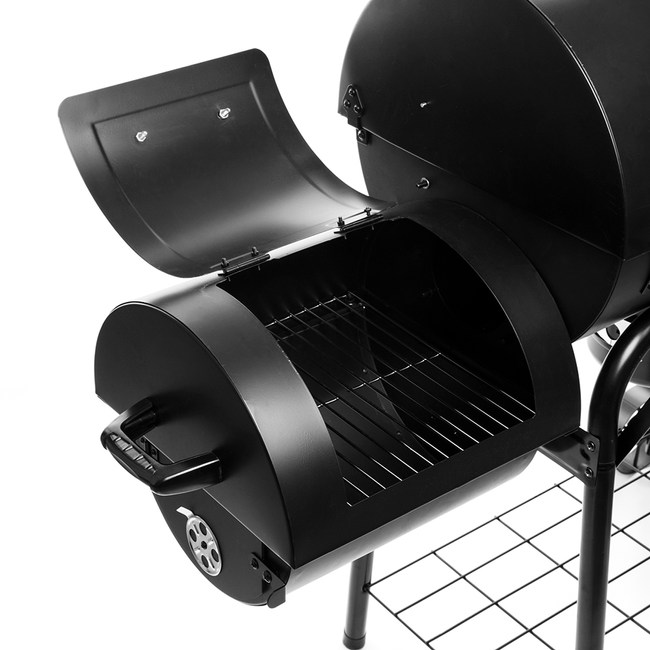 Parrilla de carbón para barbacoa de doble barril con ahumador descentrado