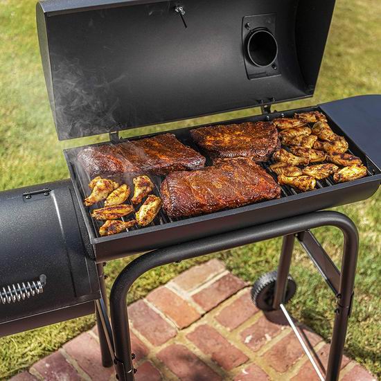 Parrilla de carbón para barbacoa de doble barril con ahumador descentrado
