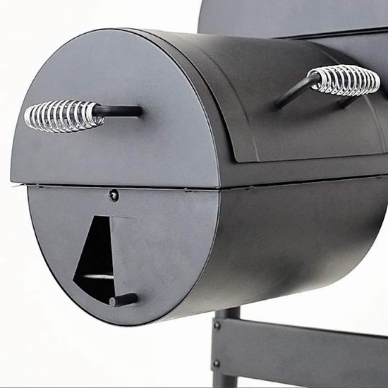 Parrilla de carbón para barbacoa de doble barril con ahumador descentrado