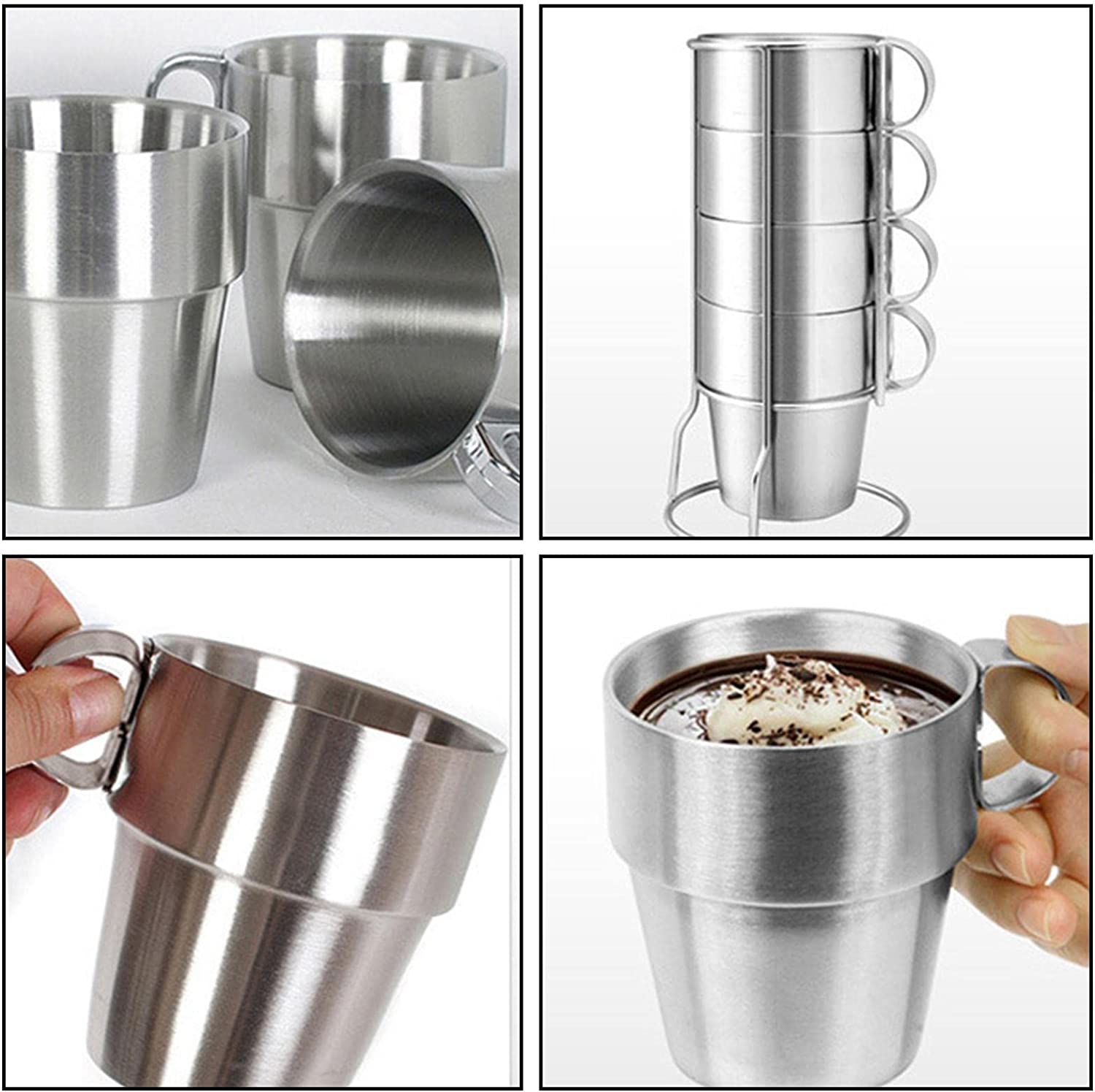 6 tazas de café de acero inoxidable de 10 oz, tazas para beber al vacío con doble aislamiento y asa