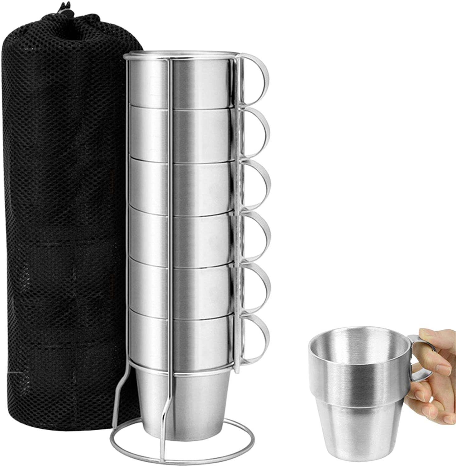 6 tazas de café de acero inoxidable de 10 oz, tazas para beber al vacío con doble aislamiento y asa
