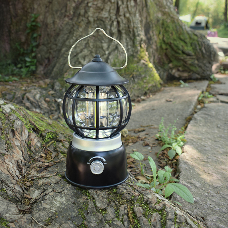 Lámpara de camping LED retro con interruptor de atenuación COB brillante con gancho y batería 3AA, lámpara de camping vintage para exteriores